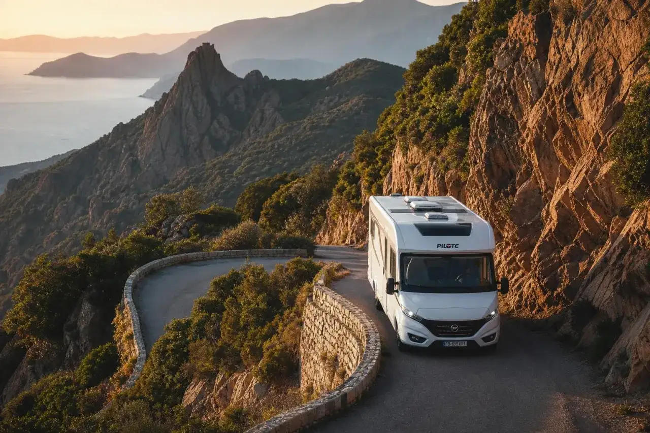 Camping-car sur une route sinueuse de montagne en Corse du Nord, avec vue sur la mer et les falaises rocheuses au coucher du soleil.