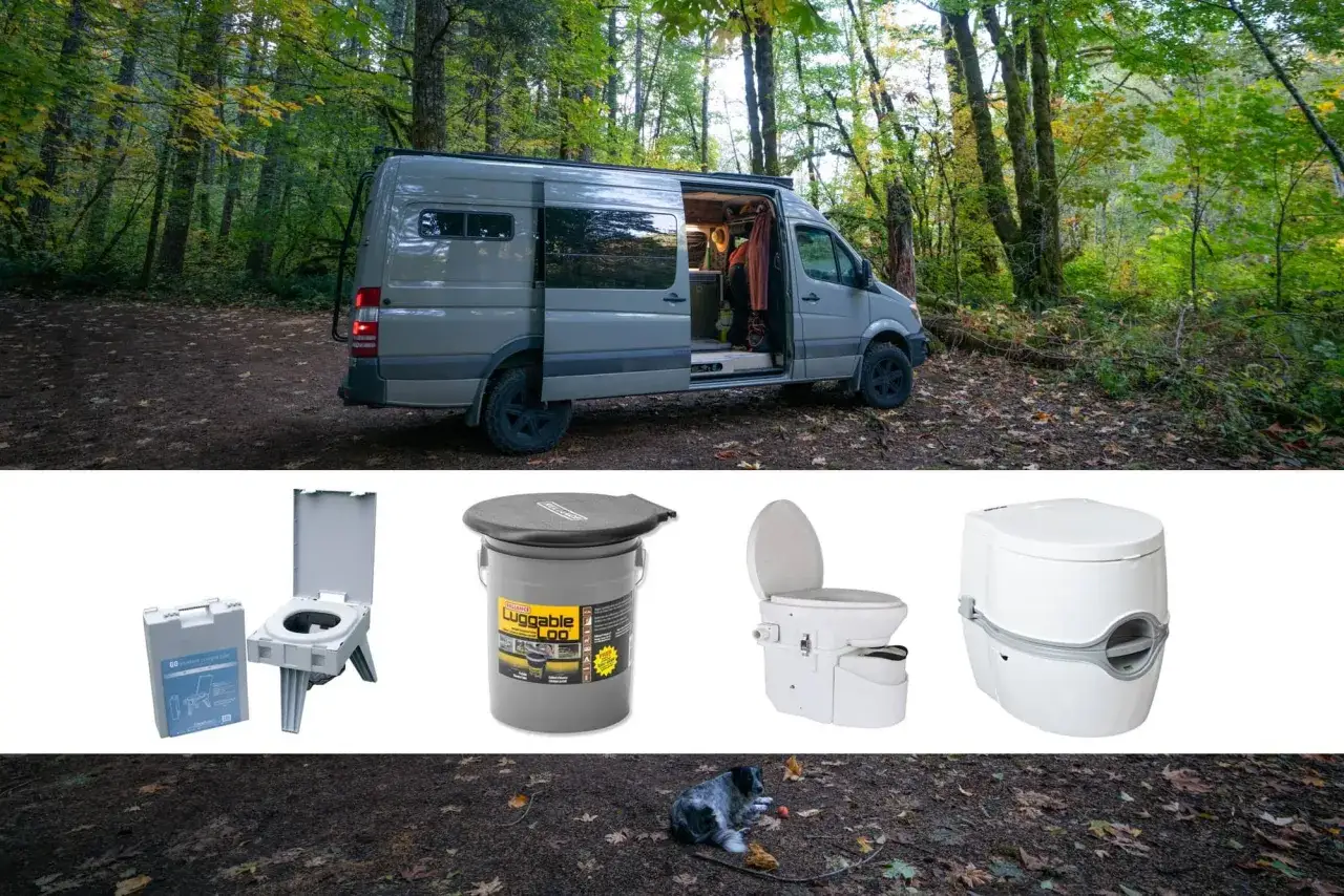 Van aménagé en forêt, avec divers modèles de toilettes sèches. Les inconvénients de ces toilettes sont à considérer pour le camping.