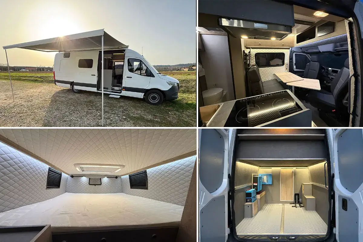 Camping car aménagé avec un espace couchage confortable, une cuisine fonctionnelle et un coin repas. Idéal pour vos aventures en moto.