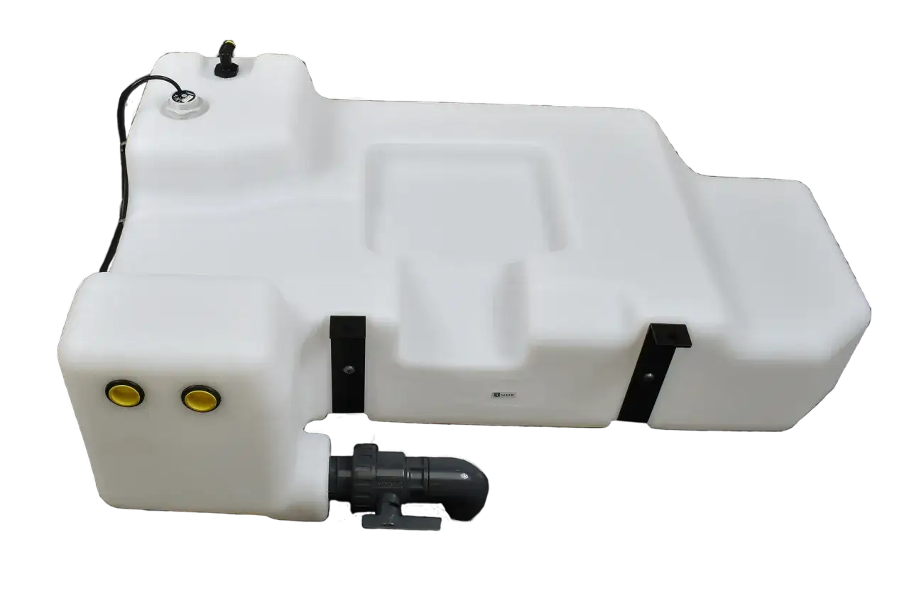 Réservoir d'eau grise pour camping-car, en plastique blanc, avec raccords et vanne.