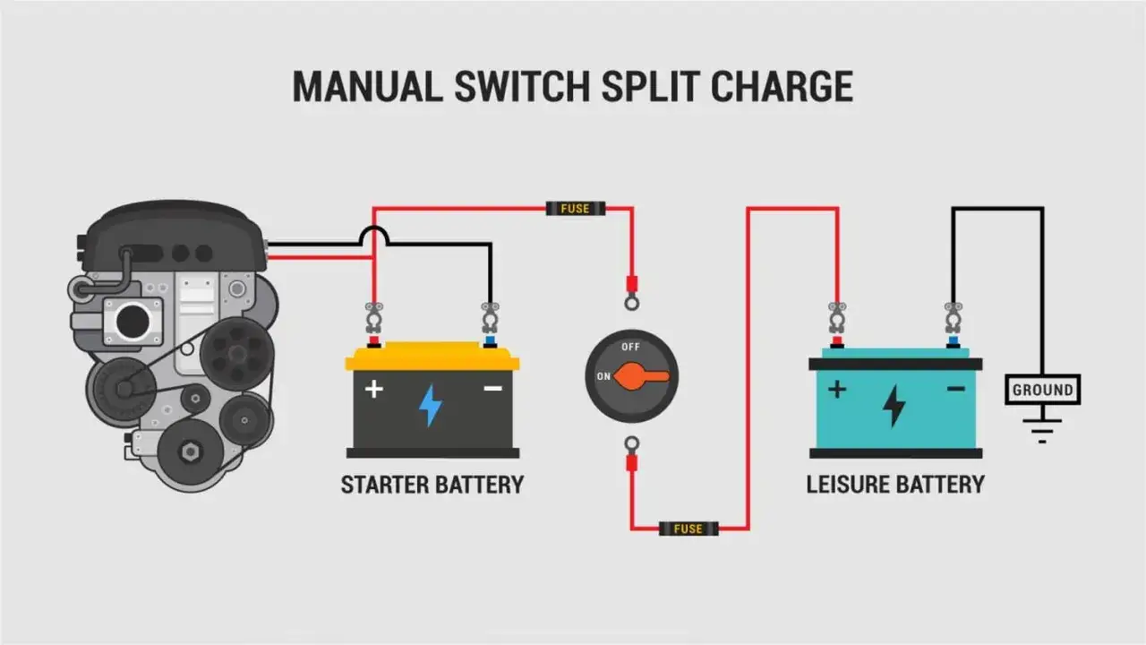 Sch&eacute;ma montrant comment recharger les batteries d'un camping-car avec un commutateur manuel pour s&eacute;parer les charges.