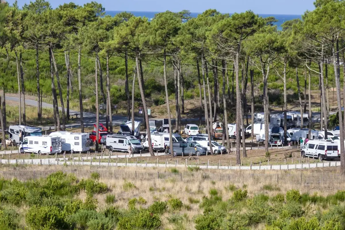 Stationnement de camping-cars dans une pinède, près de la Dune du Pilat. L'océan bleu est visible à l'horizon.