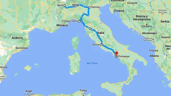 Carte d'un itinéraire en camping-car en Italie du Nord, de Bard à Pompéi, passant par Milan, Vérone, Cinque Terre et Rome.