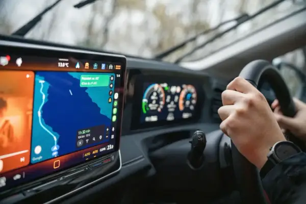 Vue du tableau de bord d'un camping-car avec GPS indiquant la route. Un avis GPS camping car pour un trajet de 42 km.