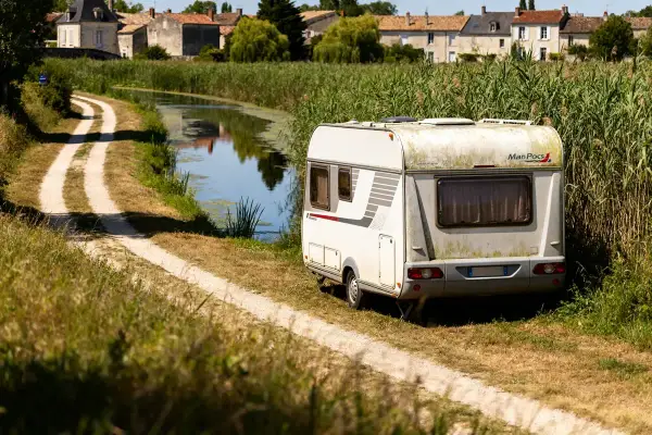 Caravane stationnée au bord d'un canal, dans le Marais Poitevin. Un chemin de terre serpente à travers l'herbe haute.
