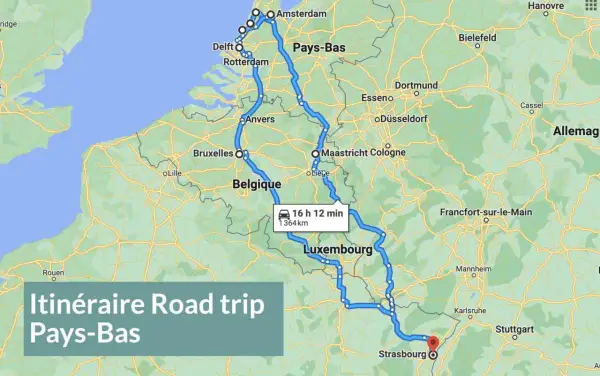 Carte d'un road trip en camping-car aux Pays-Bas, traversant la Belgique et le Luxembourg. L'itinéraire de 1364 km dure 16h12.